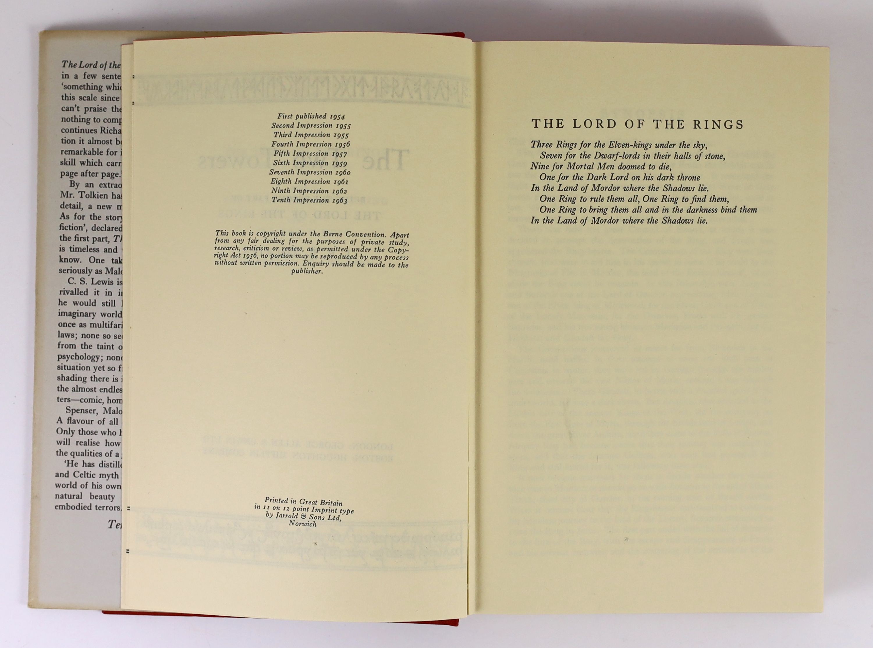 Tolkien, J.R.R - The Lord of the Rings, 3 vols, 8vo, all with d/j’s, 13th impression of Fellowship, 10th impressions of Towers and Return, London, George Allen and Unwin, London, 1963